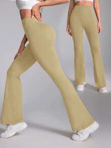 1 pieza de Pantalones casuales tipo leggings de cintura alta, pantalones deportivos de verano de pierna ancha para yoga, running y entrenamiento, con pernera acampanada, cintura elástica y elásticos, pantalones de trabajo elásticos - Caqui - Ver 4