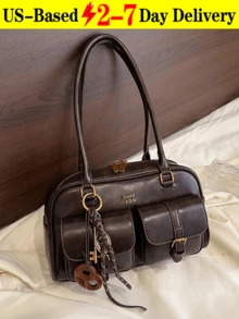 Women's Retro Solid Color Pu Leather Shoulder Bag With Multiple Pockets Large Capacity Comes With A Detachable Accessory Charm, Vintage Bag For Women - Cà phê nâu - Xem 1