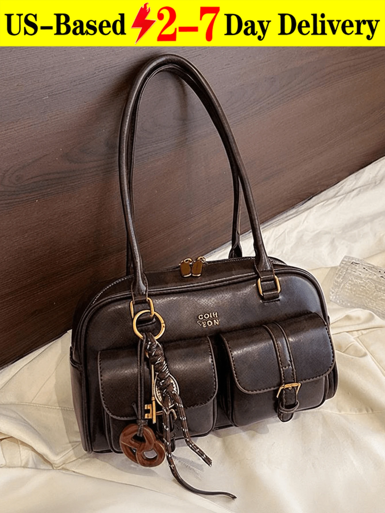 Women's Retro Solid Color Pu Leather Shoulder Bag With Multiple Pockets Large Capacity Comes With A Detachable Accessory Charm, Vintage Bag For Women - Cà phê nâu - Xem 1