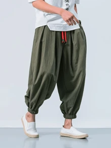 男士宽松亚麻灯笼裤，休闲阔腿哈伦七分裤，轻盈透气，适合春秋季穿着 - 綠色 - 查看 3