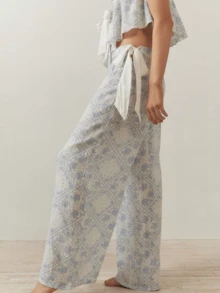 Women's 2 Piece Floral Pajamas Sets Tie Front Fly Sleeves Crop Tops And Elastic Waist Wide Leg Pants Sets Lounge Outfits Sleepwear Homewear - 藍色 - 查看 7