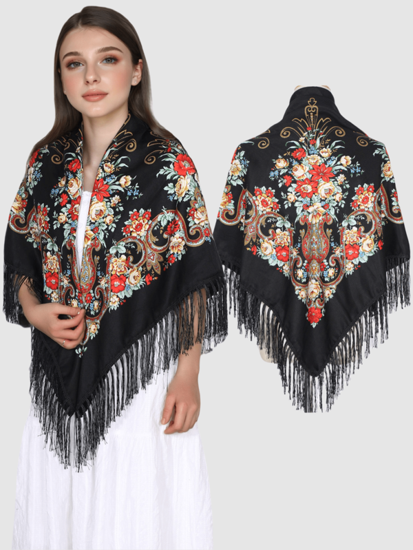 NAAMLOOS 1 pièce Foulard/Châle en polyester à imprimé floral bohème, Foulard musulman chaud pour femmes, Couverture enveloppante, Grand châle multifonctionnel pour fête, automne/hiver