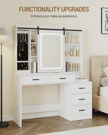 Hzuaneri Schminktisch, Abnehmbarer Großer Spiegel, mit Schmuckaufbewahrung, Offene Regale, 5 Schubladen, mit Beistelltisch, für Schlafzimmer, Weiß