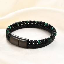 1 件男士复古皮革和虎眼石编织双层手链 - 彩色 - 查看 13