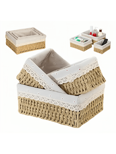 Canasta Organizadoras Caja De Almacenamiento De Mimbre 3 Pcs , ideal para sala de estar, dormitorio, juguetes de bebé, almacenamiento de escritorio, cocina, menaje y vajilla, caja de cosméticos, suministros para bodas, decoración floral, muebles para el hogar, adornos de escritorio, decoración del hogar, almacenamiento y decoración de habitaciones