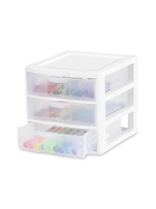 SPEIN Clear Plastic 3-Drawer Storage Bin - 8.5"L X 7.25"W X 6.875"H, White Frame, Stackable Desktop Organizer, See-Through Drawers For Cosmetics, Office Supplies, Crafts, 2 Pack