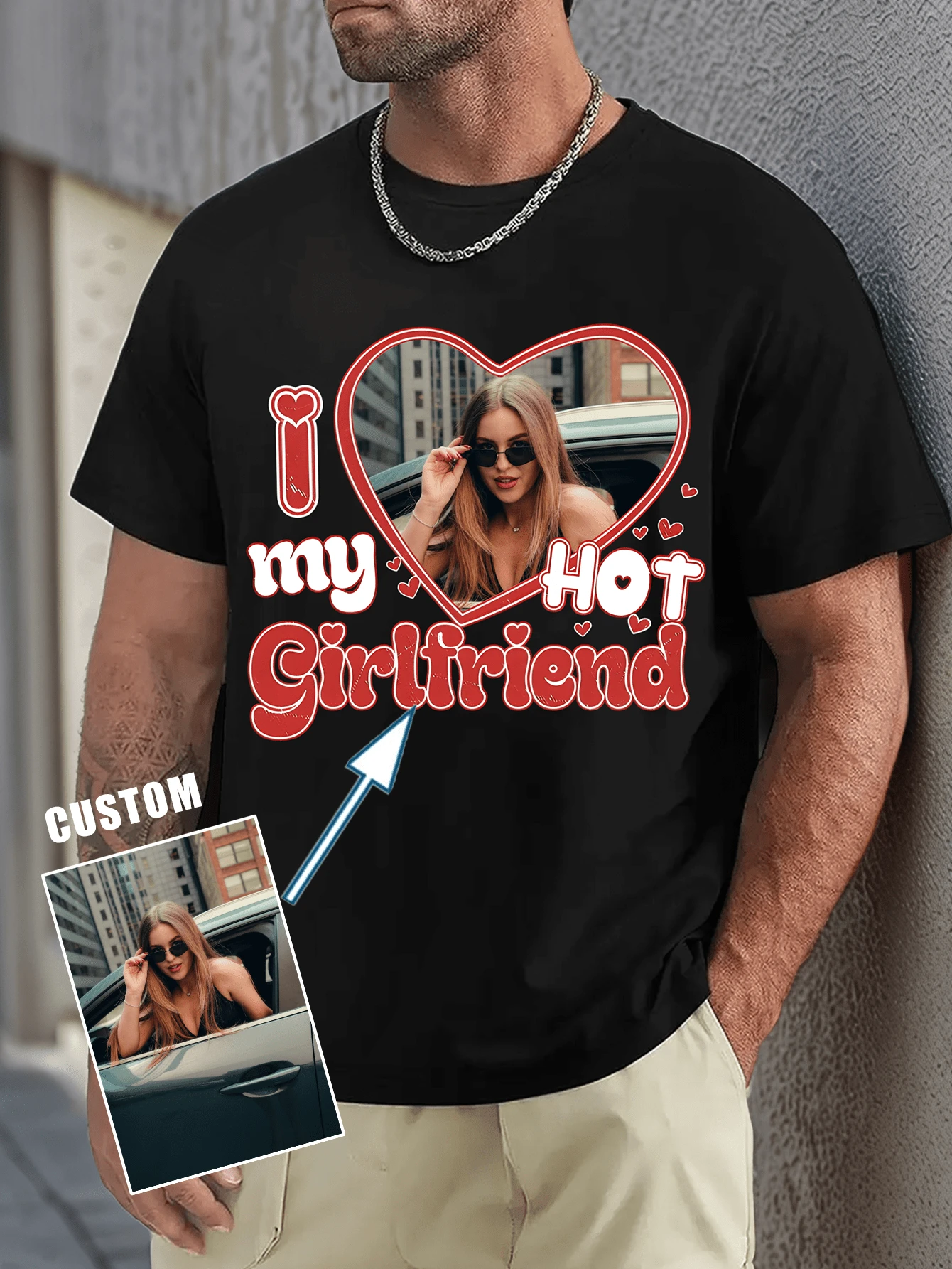 Custom Men's Personalized I Love My Hot Girlfriend Shirt, Custom Valentine Day Shirt, I Heart My Girlfriend Shirt, I Love My Girlfriend Custom Picture - Black - View 1