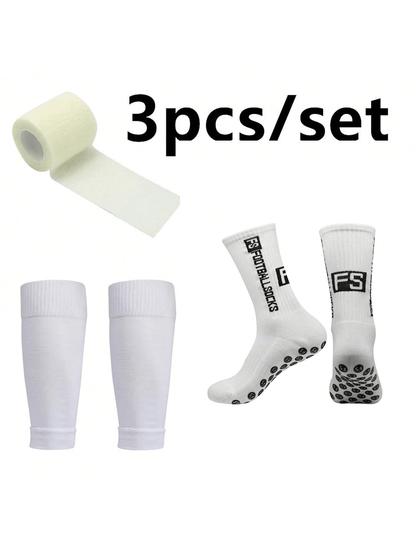 Paquete de combinación de 3 piezas de accesorios de fútbol, que incluye 1 par de cubiertas deportivas para las piernas, 1 par de calcetines de entrenamiento FS y 1 vendaje, adecuado para varios deportes como baloncesto y fútbol, protección deportiva, calcetines de caída - Multicolor - Añade 18