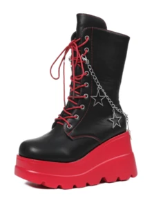 Women Platform Y2K Fashionable Heel Gothic Round Toe Boots Combat Motorcycle Punk Lace Up Boots With Side Zipper Boots - màu đen - Xem 5