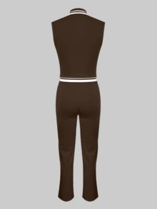 LovelyWholesale Bộ đồ nữ thường ngày kẻ sọc gồm áo khoác có khóa kéo và quần ống rộng có dây rút, trang phục mùa xuân. - màu nâu - Xem 8