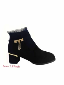 Women's Autumn/Winter Fashion Warm Ankle Boots, Rhinestone Tassel Decor Comfortable Chunky Heel Booties, Elegant Lace Floral Butterfly Metal Accent High Heel Boots, Fashionable Side Zipper Design High Heels Suitable For Daily Wear - Black - View 5