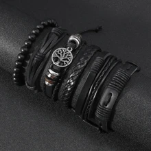 6pcs Vintage PU Leather Tree Of Life Braided Beaded Bracelet Set, Unisex, Suitable For Father's Day, Boyfriend Gift, Daily Wear