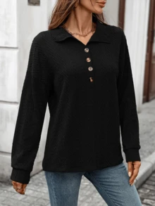 Damska koszulka polo z guzikami i dekoltem w serek, elegancka i modna, do pracy w biurze, z długim rękawem, na co dzień, jesień/zima - Czarne - Zobacz 6