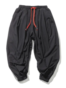 New Men's Japanese & Korean Style Linen Lantern Pants, Loose Linen Drawstring Ankle-Length Pants, Plus Size Wide Leg Harem Cropped Pants, Fall