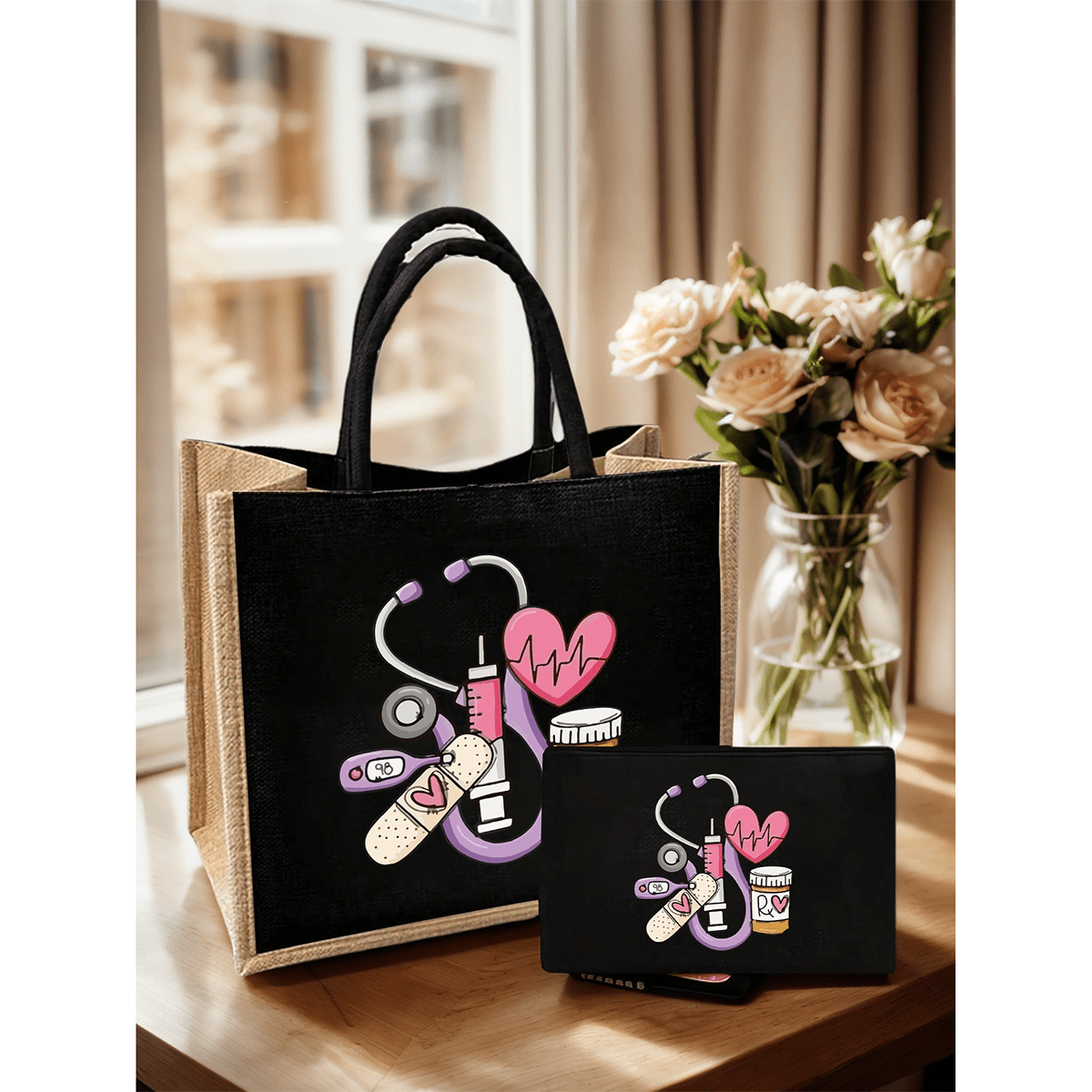 Nurse-Themed Handbag And Cosmetic Bag Set (Half Set), Printed With Stethoscope, Heart, Syringe, Thermometer Patterns, Women's Large Capacity Linen Handbag, Multifunctional Portable Tote Bag, Suitable For Daily Commute, Campus Life, Leisure Travel, Medical Activities, Also A Thoughtful Gift For Holidays, Nurses' Day, Teachers' Day, Anniversary