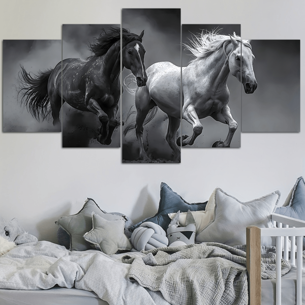 5 pièces/set Affiche d'art mural moderne, impressions sur canevas d'animaux - Cheval au galop, peinture murale sur canevas en cinq panneaux, œuvre d'art pour cadeau, chambre à coucher, bureau, salon, café, bar, décoration murale, décoration de maison et de dortoir, avec ou sans cadre