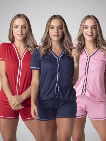 Kit 3 Conjunto de Dormir Curto Botão Amamentação Pós Cirúrgico Manga Curta Shortinho Pijama Americano Blogueirinha