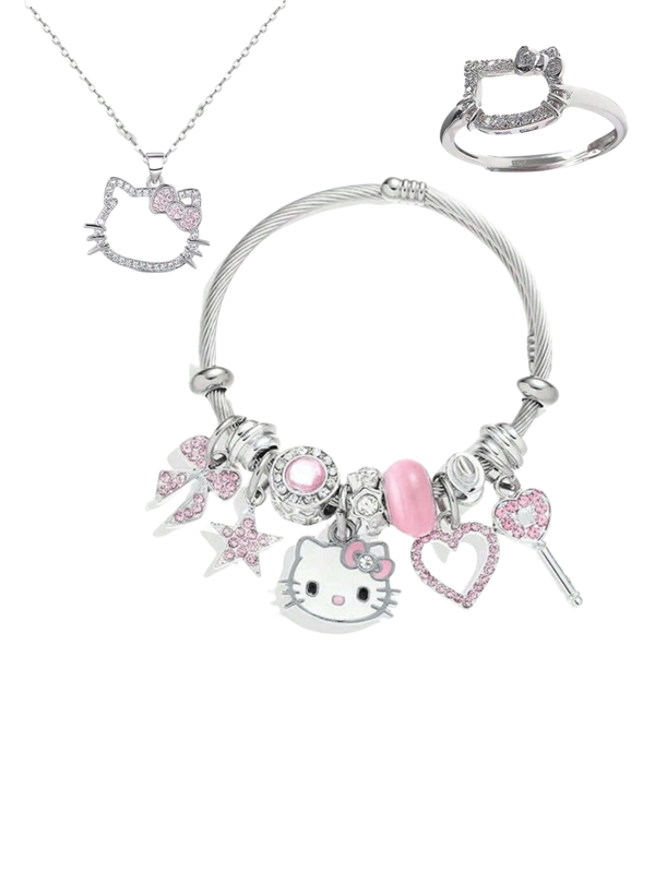 Sanrio 1 Pc Hello Kitty Cute Cartoon Theme Jewelry Set, Ring+Necklace+Bracelet Set, Cartoon Animal Alloy Jewelry With Pink Stars, Bow, Heart Shaped Key Accessories Zinc Alloy Shiny Crystal Bracelet Set, Fashion Accessories Including Necklace Ring And Bracelet, Suitable For Daily Wear And Gift Giving, Perfect For Valentine's Day