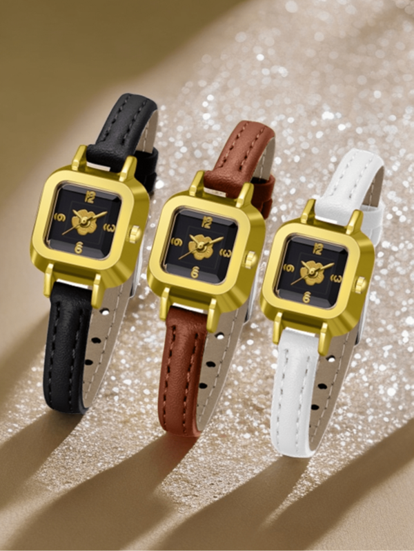 1 件女士简约复古时尚花朵元素矩形表盘石英手表适合日常服装搭配送给朋友或母亲的完美礼物