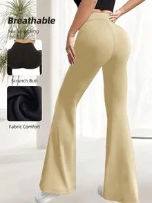 1 pieza de Pantalones casuales tipo leggings de cintura alta, pantalones deportivos de verano de pierna ancha para yoga, running y entrenamiento, con pernera acampanada, cintura elástica y elásticos, pantalones de trabajo elásticos - Caqui - Ver 1