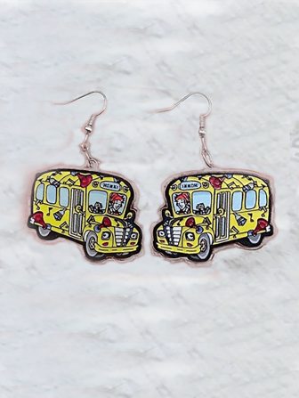 迷人的黄色校车亚克力吊坠耳环 - 双面印花，复古波西米亚风格，适合日常佩戴或送礼，非常适合毕业季和返校配饰、教师和学生耳环