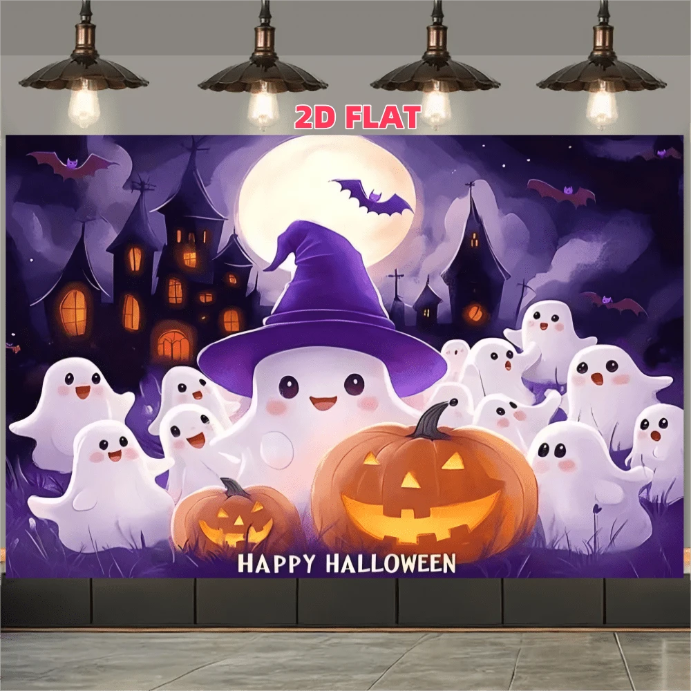 1 miếng, Vải nền bí ngô ma Halloween dễ thương làm từ vải polyester. Nền có hình ảnh ma đội mũ phù thủy, đèn lồng Jack-O'-Lantern, ngôi nhà ma ám, dơi và dòng chữ "Happy Halloween". Thích hợp trang trí tiệc Halloween, hoạt động chủ đề thiếu nhi, chụp ảnh trong nhà, trang trí tường nhà và tổ chức sự kiện lớp học.