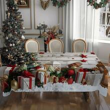1pc Rectangular Tablecloth, Perfect For Christmas Atmosphere! Vintage Wood Grain & Snowy Landscape Pattern With Holiday Elements, Suitable For Holiday Gatherings, Daily Home, Living Room, Dining Room, Outdoor Picnics, And Theme Events