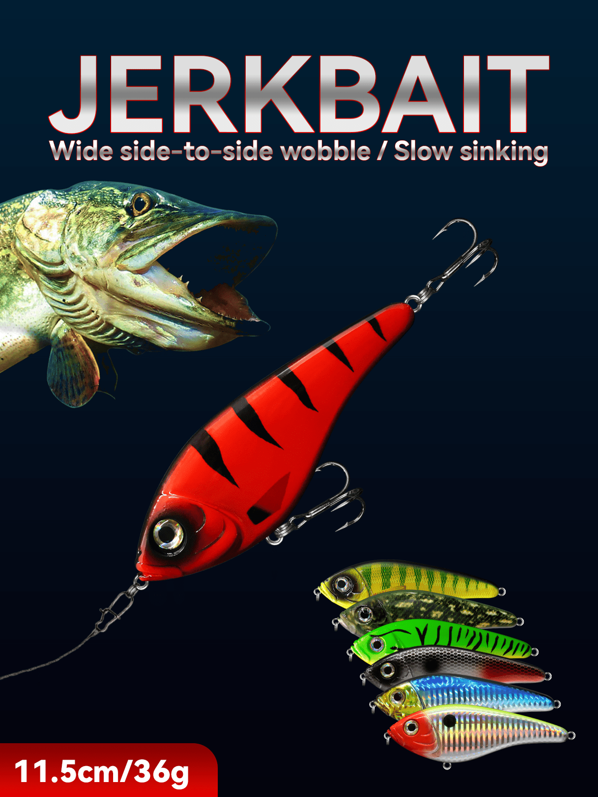 1 szt. wolno tonąca przynęta Jerkbait Noisy Rattle Beads VIB na szczupaki, 11,5 cm/4,52 cala, 36 g/1,27 uncji, wykwintne wykonanie, wielokolorowe