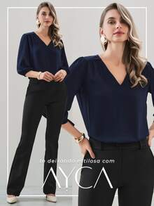 3-Bedroom Simple Viscose V-Neck Blouse Daily Night Homecoming Winter Summer Autumn - 藏蓝色 - 查看 1