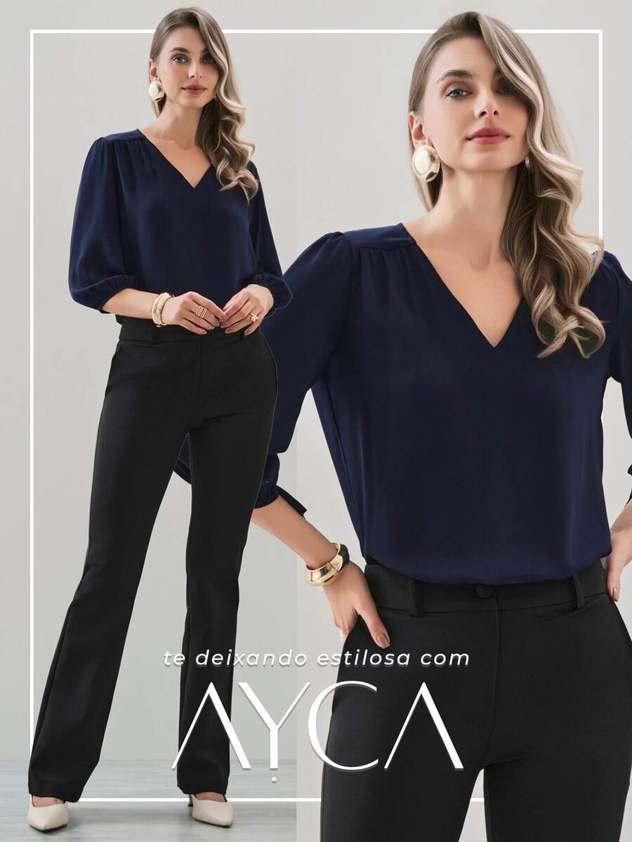 3-Bedroom Simple Viscose V-Neck Blouse Daily Night Homecoming Winter Summer Autumn - 藏蓝色 - 查看 1