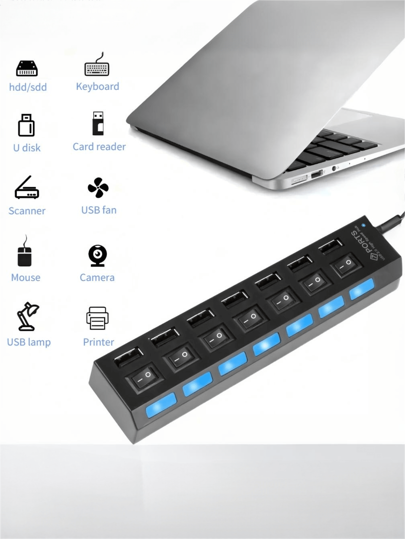 רכזת USB עם 7 יציאות וכבל באורך 1.2 מטר - תואם למחשבים ניידים, מחשבי MacBook, IMac וכו' - חיבור והפעל, הגנה מפני זרם יתר, עיצוב קומפקטי למחשבים ניידים | העברת נתונים במהירות גבוהה וכבל הארכה לחיסכון במקום