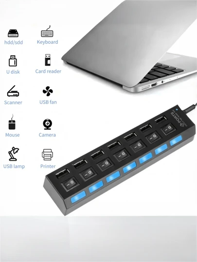 带 4 英尺电缆的 7 端口 USB 集线器 - 兼容笔记本电脑、PC、MacBook、iMac 等 - 即插即用、过流保护、紧凑型笔记本电脑设计 | 高速数据传输和节省空间的电缆延长