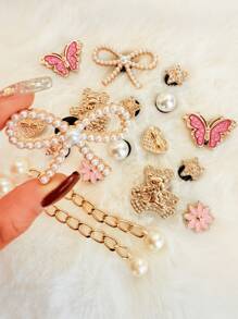 18 sztuk eleganckich klipsów do butów z perełkami, kokardką i kryształkami, ABS, różowa kokardka z kryształkami, dekoracja DIY, wielofunkcyjne akcesoria do sandałów damskich, kapci, toreb plażowych, świetny prezent na Dzień Matki i świąteczne przyjęcia urodzinowe