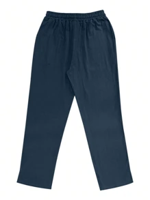 Pantalon en lin pour homme, pantalon de plage d'été en lin lâche et respirant avec cordon de serrage, convient pour les vacances, les déplacements, le style casual de rue, bleu marine