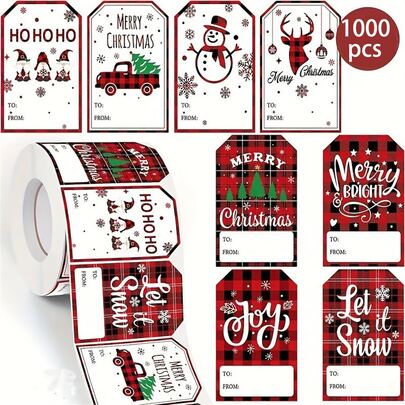 200/500/1000 pièces Étiquettes cadeaux de Noël, étiquettes en papier festives avec motif à carreaux rouges, messages "Ho Ho Ho", "Joie", "Joyeux Noël" et "Que la neige tombe", couleurs mélangées, pour l'emballage de cadeaux, fournitures d'art et d'artisanat