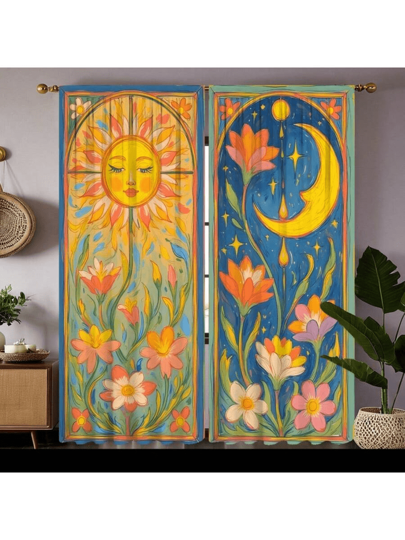 2pcs Glam Style Sun And Moon Floral Printed Curtains, All-Season, Home Decor, Art Style Curtains With Rod Pocket, Romantic Curtains, Olive Green Polyester, Light-Filtering For Kitchen, Bedroom, Study, Or Living Room Decor Curtains