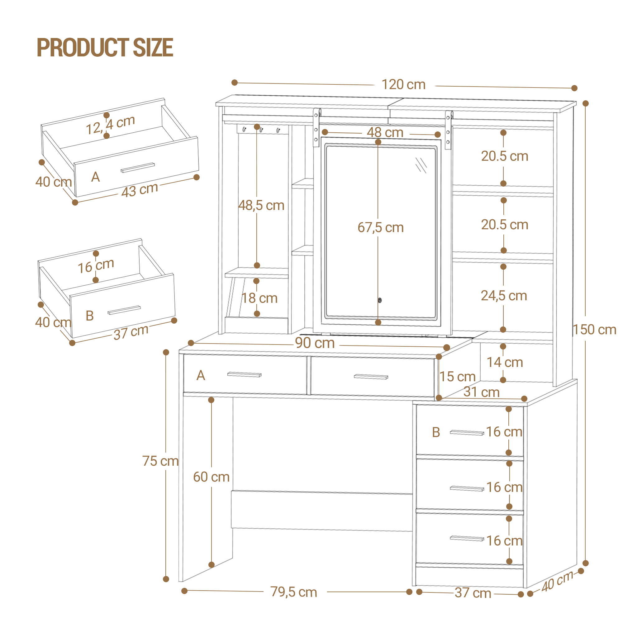 HEXCELEN Dressing Table, Removable Large Mirror, With Jewelry Storage, Open Shelves, 5 Drawers, With Side Table, For Bedroom, White - 白色 - 查看 11