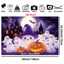 1 miếng, Vải nền bí ngô ma Halloween dễ thương làm từ vải polyester. Nền có hình ảnh ma đội mũ phù thủy, đèn lồng Jack-O'-Lantern, ngôi nhà ma ám, dơi và dòng chữ "Happy Halloween". Thích hợp trang trí tiệc Halloween, hoạt động chủ đề thiếu nhi, chụp ảnh trong nhà, trang trí tường nhà và tổ chức sự kiện lớp học. - Nhiều màu - Xem 19