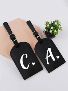个性化皮革行李牌，可定制A-Z字母，隐私保护套，带名片槽，可爱旅行背包标签，男女通用，适用于宠物包、背包、行李箱、文具包等，旅行必备，适合海滩度假、返校季，是送给家人、朋友和老师的理想礼物，字母印花 - 黑色 - 查看 3