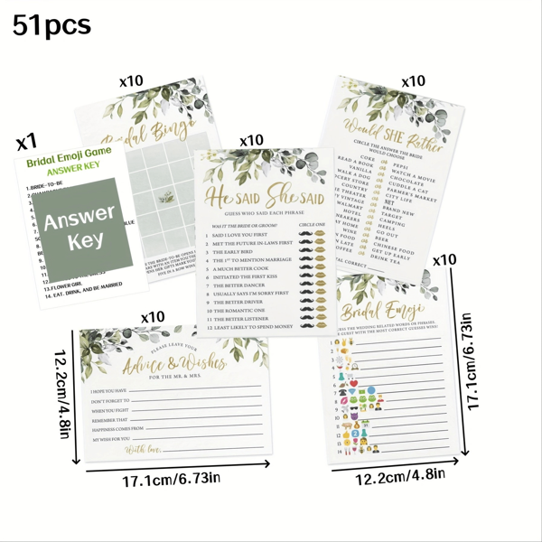 Wedding Reception Party Game Set - 5 Fun Games And Activities For Up To 50 Guests, Including Bingo, Trivia, And Prompts, Eucalyptus Themed Wedding Reception Games