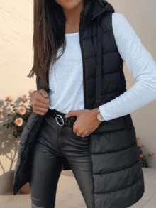 Women's Long Solid Color Sleeveless Hooded Winter Puffer Vest Outerwear - màu đen - Xem 1