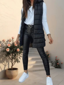 Women's Long Solid Color Sleeveless Hooded Winter Puffer Vest Outerwear - màu đen - Xem 4