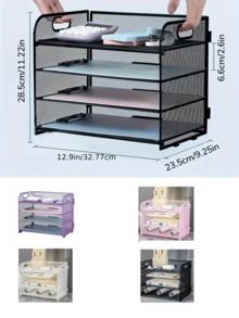 3/4/5/6 Tier Mesh File Organizer Rack With Handle, Available In Black, White, Pink, Purple, Desktop File/Letter Sorter, High Capacity Multi-Purpose Storage, Suitable For Office, Home, School - Easy Assembly - Multicolor - View 4