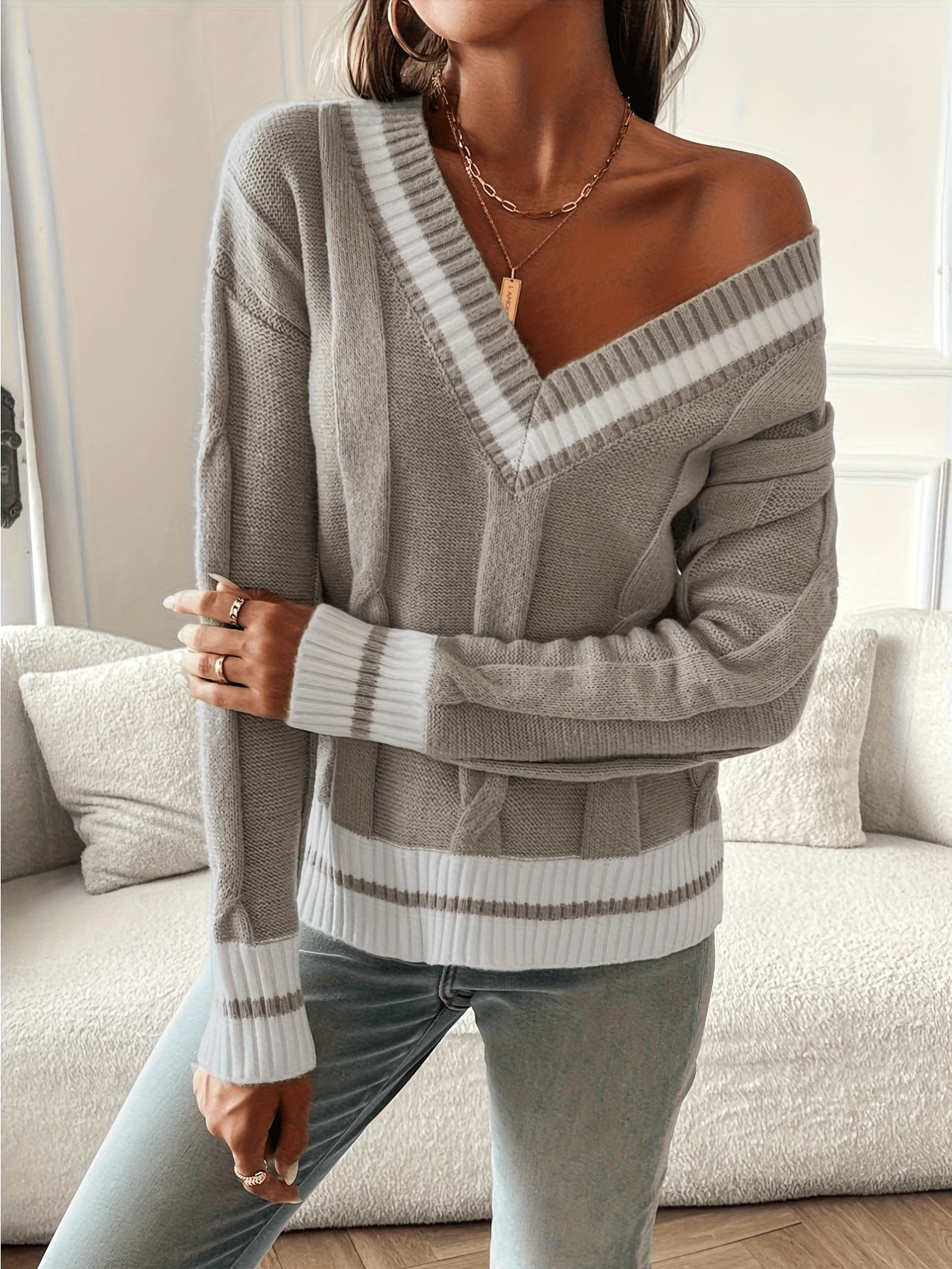Damen V-Ausschnitt Slim Fit Strickpullover, eleganter Lässig Strickpullover, modischer Strickpullover, Retro-Stil, Schulanfang, Straßenmode - Grau - Übersicht 1