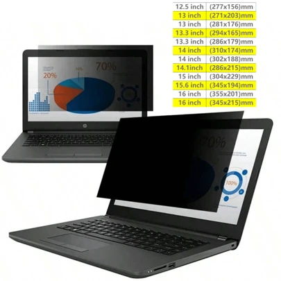 Antispionfilm, 180 graders kikarskydd för bärbar dator, 16 tum, 345 x 215 mm, 355 x 201 tum, 15 tum, 304 x 229 tum, 14 tum, 302 x 188 tum, 14,1 tum, 286 x 215 tum, 14 tum, 302 x 188 tum, 13,3 tum, 286 x 179 mm, 13,3 tum, 294 x 165 tum, 13 tum, 281 x 176 mm, 13 tum, 271 x 203 tum, 15,6'' (16:9), 345 x 194 tum, 14 tum, 310 x 174 mm, 12,5 tum, 277 x 156 tum, skärmskydd, bärbar dator, antikikarfilter, matt antireflexfilm, 180 graders kikarskydd