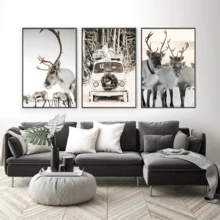 3PCS Winter Christmas Snow Deer Cart Landscape Decoration Hanging Painting Suitable For Living Room, Bedroom, Wall Decoration Painting Nordic Style Canvas Painting Frameless