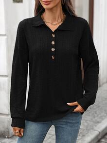 Damska koszulka polo z guzikami i dekoltem w serek, elegancka i modna, do pracy w biurze, z długim rękawem, na co dzień, jesień/zima - Czarne - Zobacz 5