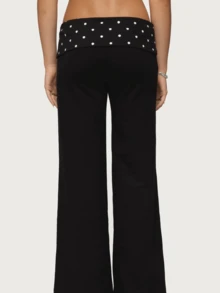 Womens Y2k Fold Over Elastic Casual Pants Stylish Low Waist Wide Leg Trousers Fashion Contrasting Color Yoga Pants Lightweight Comfy Lounge Sweatpants - 波點黑 - 查看 4