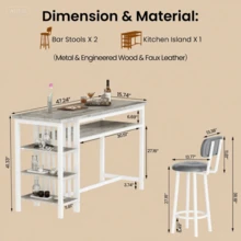 Bar Table Set For 2 With 4 Storage Shelves, 47" Modern Breakfast Table And 2 Upholstered Counter Stools W/ Backrest And Footrest, 3-Piece Dining Set For 2, Space Saving Bar Height Table And Chairs For Kitchen,Dining Room, Living Room - 淺灰色 - 查看 8