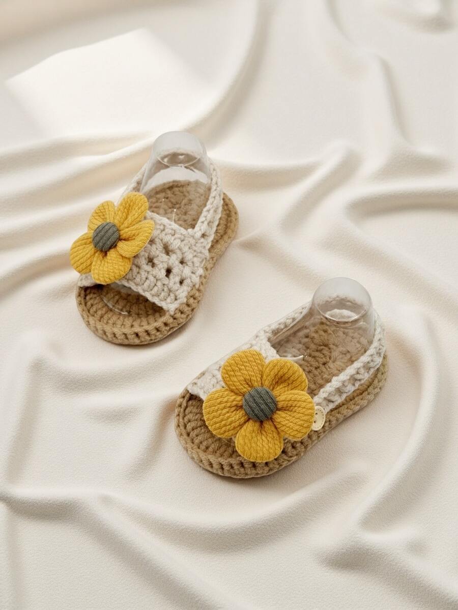 1 Pair Crochet Knitted Infant Sandals, Yellow Sunflower Pattern, Handmade Shoes, Beige - Beige - View 1
